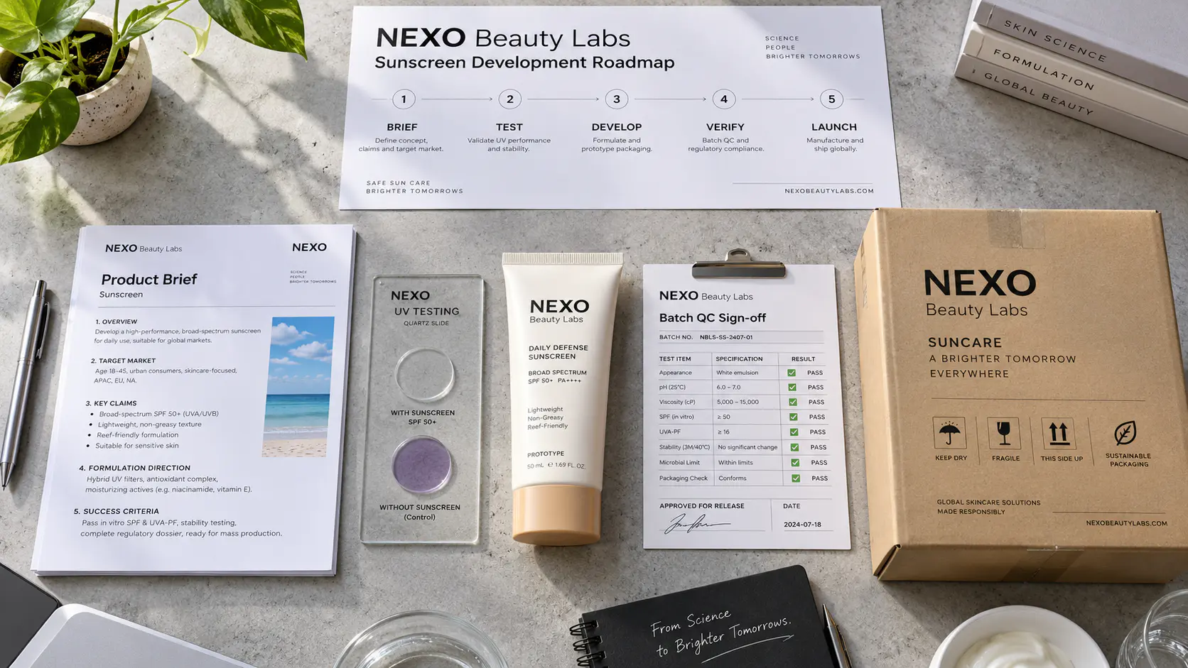 Sun care packaging formats next to a mechanical caliper and a formula packaging compatibility audit paper sheet