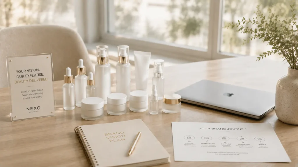 Cosmetic manufacturing consultation with product samples and development documents