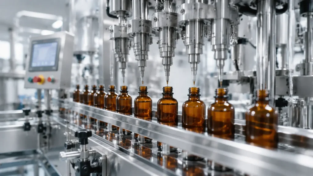 Cosmetic manufacturing filling line operating under documented GMP quality procedures
