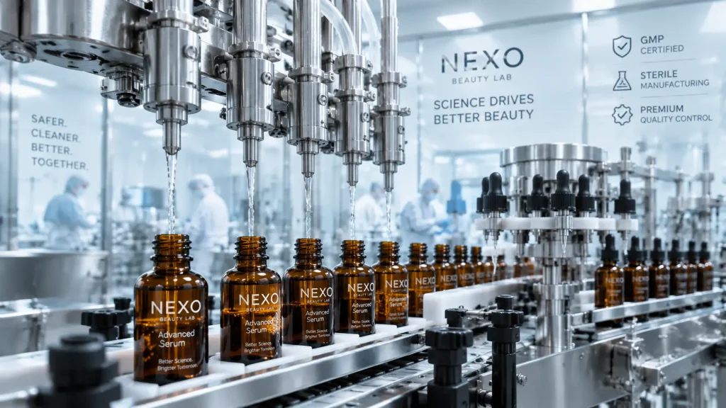 Cosmetic manufacturing and filling line operating under documented GMP quality procedures