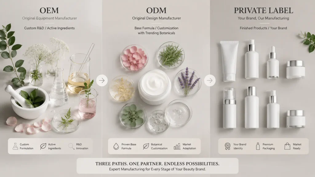 OEM vs ODM vs private label cosmetics manufacturing comparison