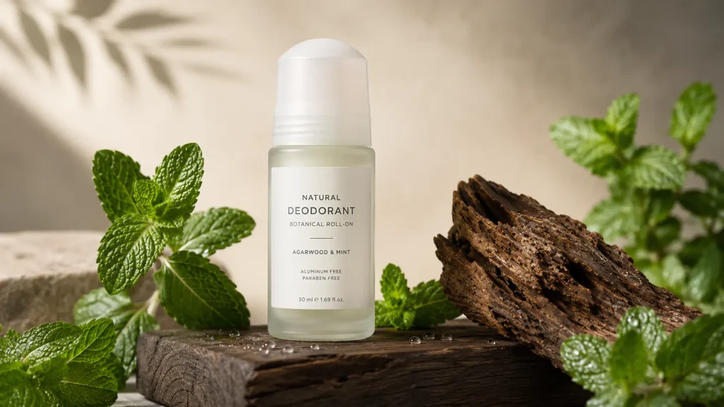 Agarwood and Mint Botanical Roll-On Deodorant developed by NEXO Beauty Labs