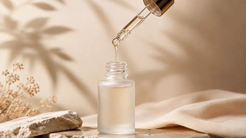 Bottled facial serum with glass dropper showing flexible multi-use skincare dosage
