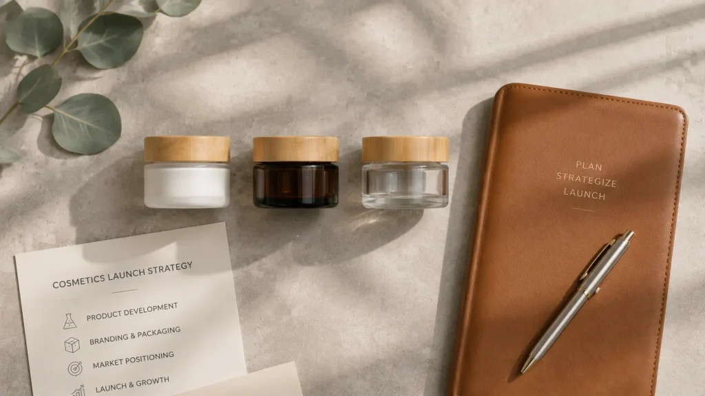 Cosmetic product samples prepared for manufacturer evaluation and beauty brand launch