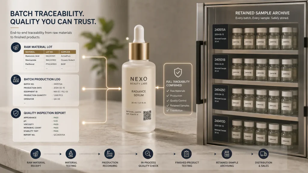 Cosmetic batch traceability connecting raw material lots production records packaging and finished products