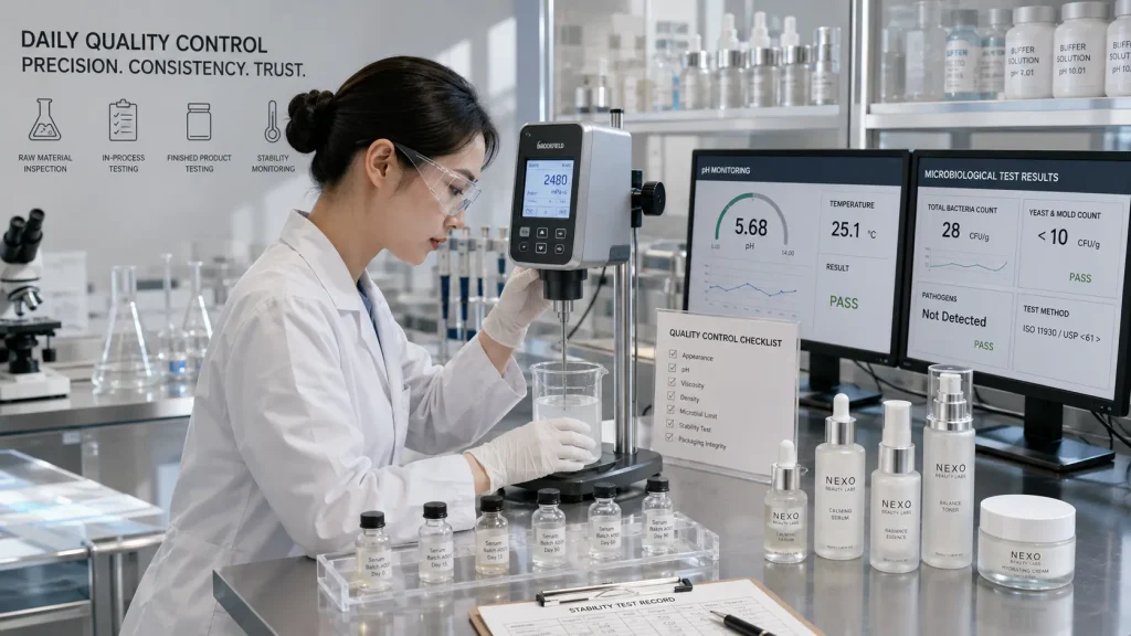Cosmetic manufacturing quality control of raw materials bulk products packaging and finished goods