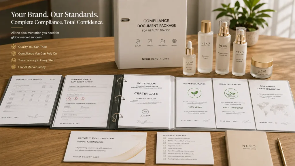 Cosmetic manufacturing documentation including raw material certificates testing reports and quality records