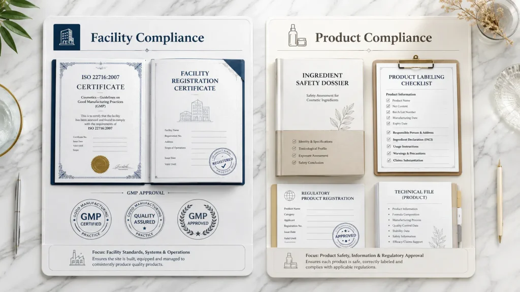 Difference between cosmetic manufacturing certification facility registration and finished product compliance