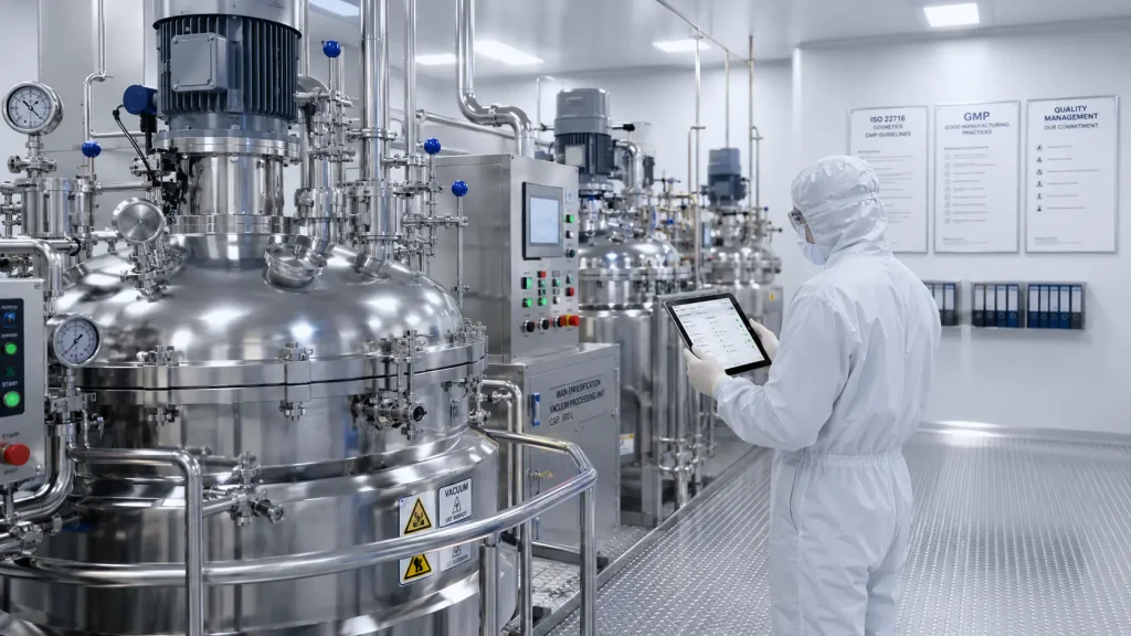 Cosmetic manufacturing cleanroom and production controls illustrating GMP and ISO 22716 quality practices