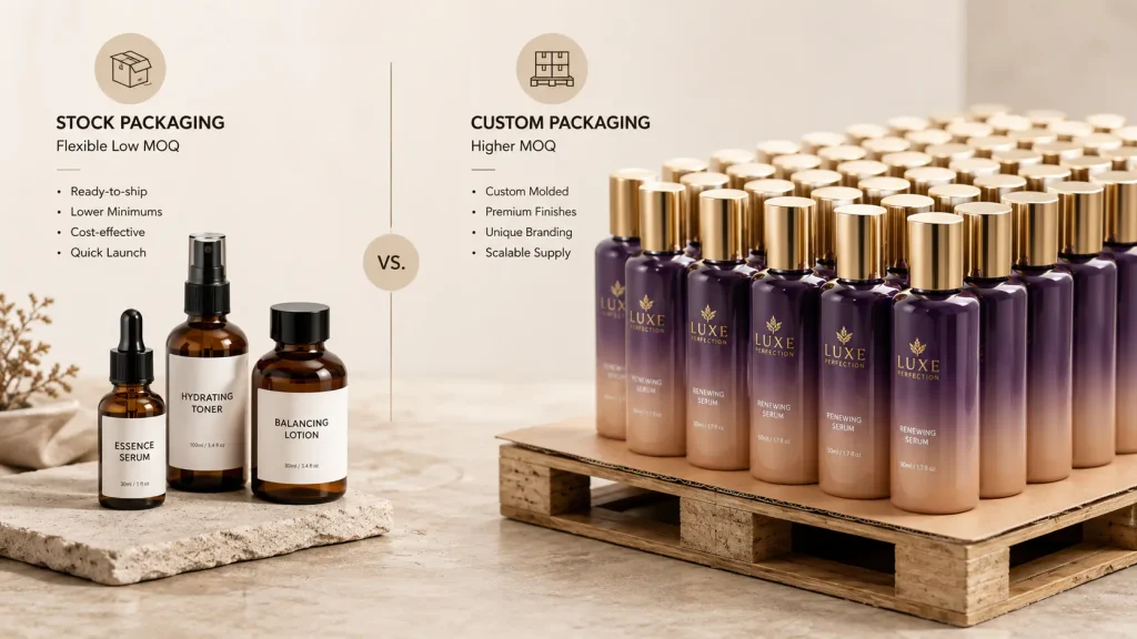 Cosmetic formula MOQ compared with packaging bottle pump and carton minimum order quantity