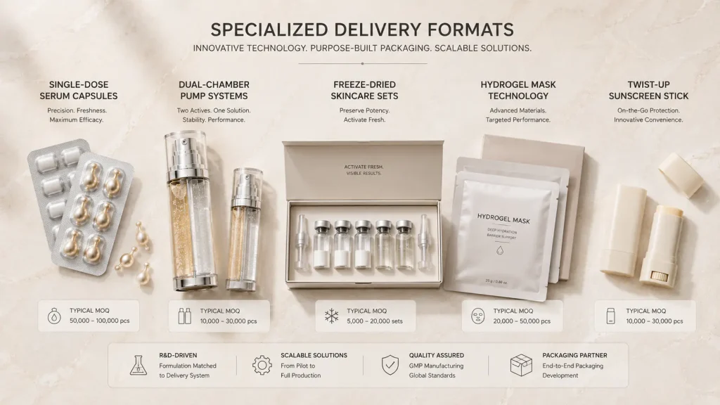 Cosmetic MOQ considerations for serum capsules dual-chamber products masks and sunscreen sticks