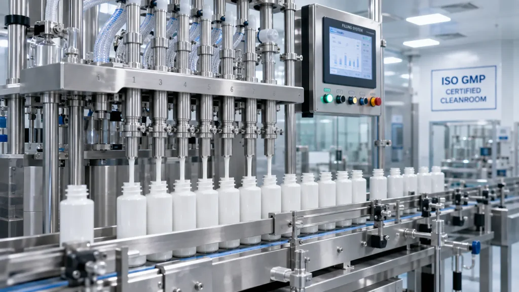 Cosmetic packaging and automated filling line compatibility during commercial manufacturing