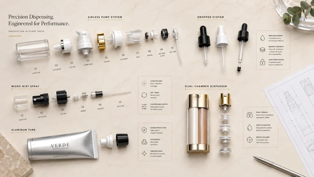 Cosmetic packaging types including airless pumps droppers sprays tubes jars and single-dose systems