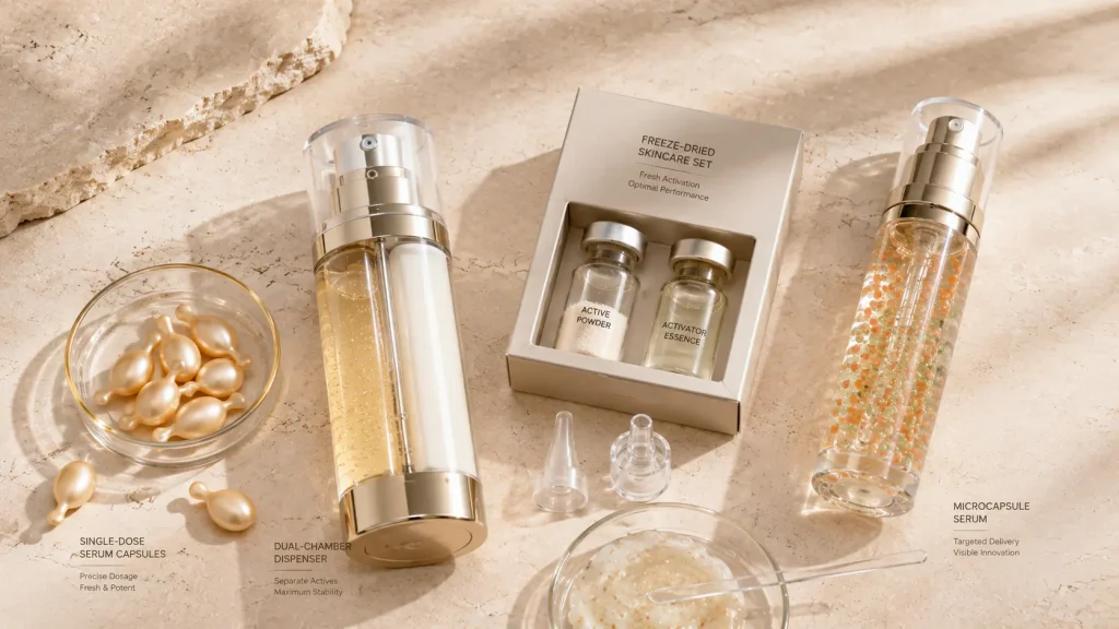 Innovative cosmetic packaging including single-dose capsules dual-chamber systems and advanced serum formats
