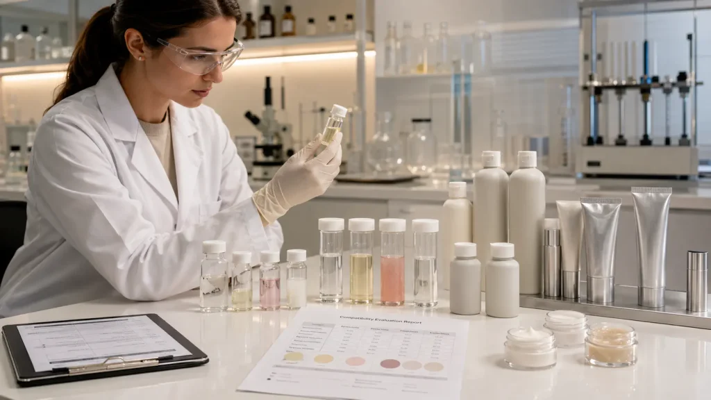 Cosmetic packaging material and formula compatibility evaluation in skincare product development