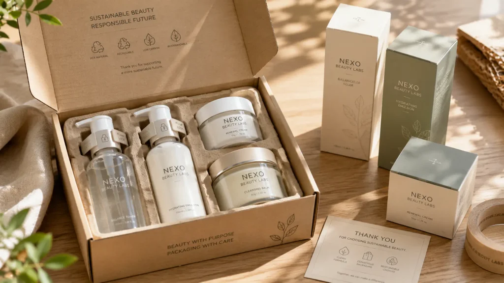 Cosmetic packaging prepared for e-commerce shipping with protective secondary packaging