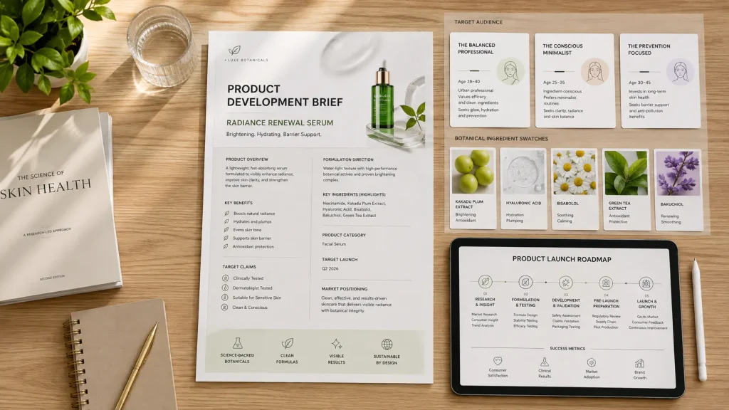 Cosmetic product development timeline beginning with product concept and brand brief