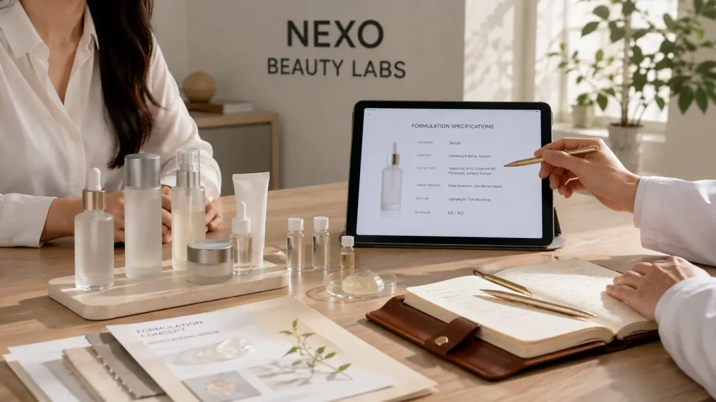 Custom cosmetic product formulation consultation for beauty brands at Nexo Beauty Lab