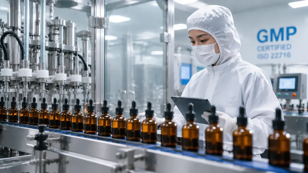Cosmetic filling and packaging line operating under documented GMP quality procedures