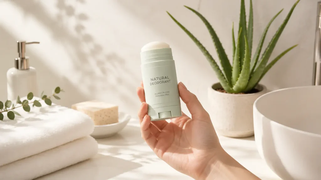 Minimalist natural deodorant stick application on a clean bathroom counter