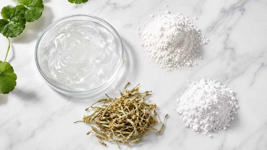 Natural deodorant formulation ingredients including arrowroot powder, aloe vera gel, and botanical extracts
