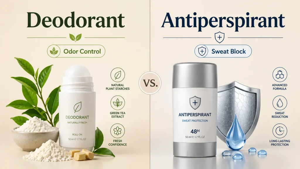 Comparison infographic showing the differences between natural deodorant and aluminum antiperspirant