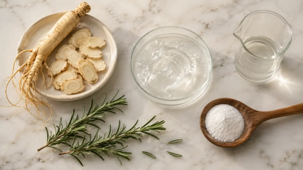Scalp serum formulation ingredient architecture with ginseng rosemary panthenol and scalp care actives