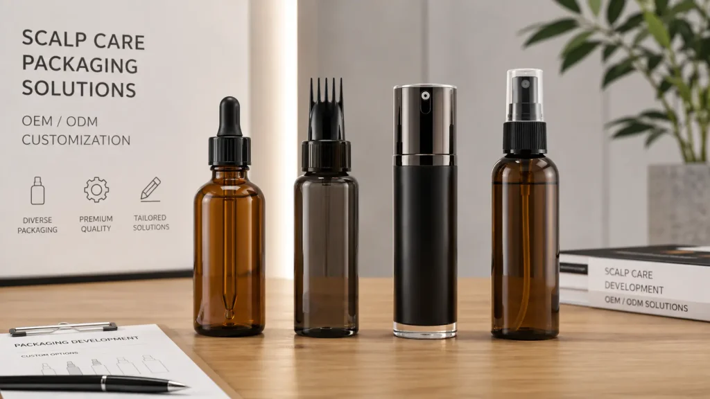 Scalp serum packaging options including precision applicators droppers airless pumps and mist sprays