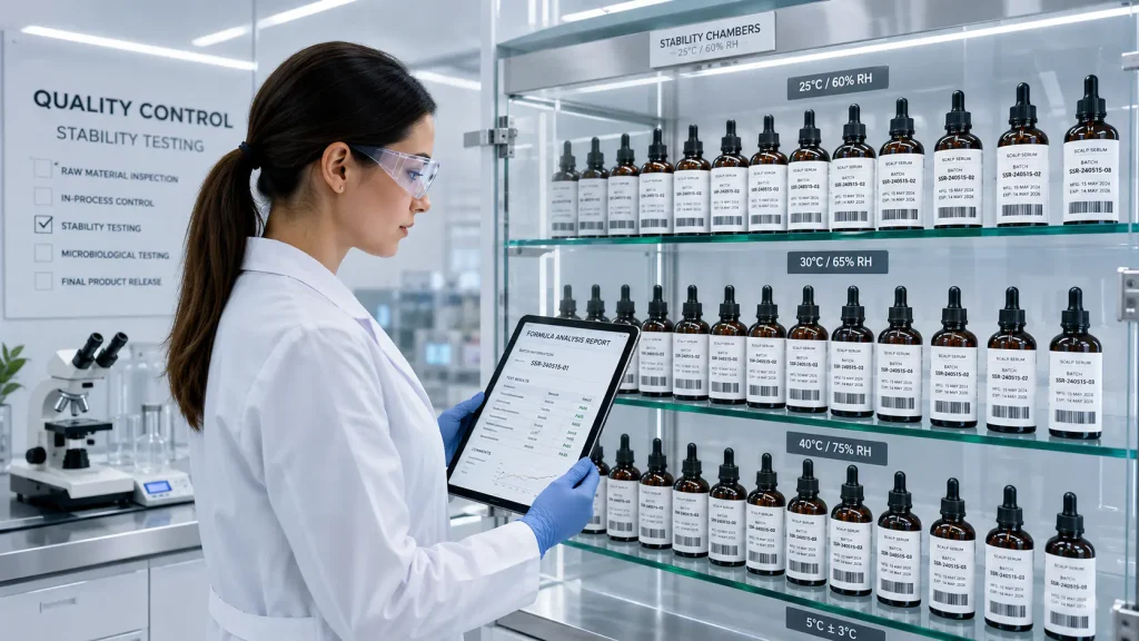 Scalp serum stability evaluation quality control and OEM ODM manufacturing