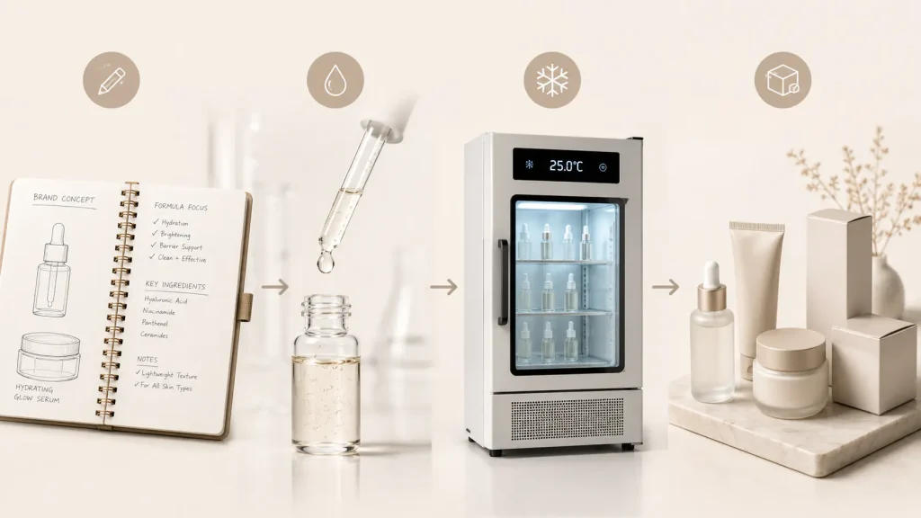 Step-by-step cosmetic formulation process from product brief to production-ready formula