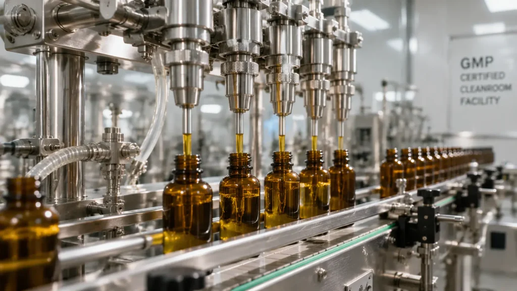 Cosmetic manufacturing filling and packaging production line in GMP facility