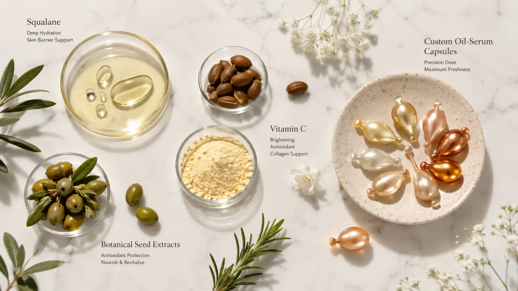 Waterless oil serum capsule formulation with squalane botanical oils and lipid-compatible skincare ingredients