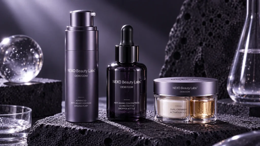 Packaging options for active anti-aging serums including airless pump protective bottle and activation system