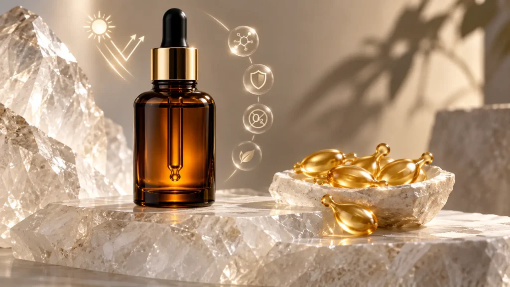 Brightening serum packaging comparison using protective bottle and single-dose capsule formats