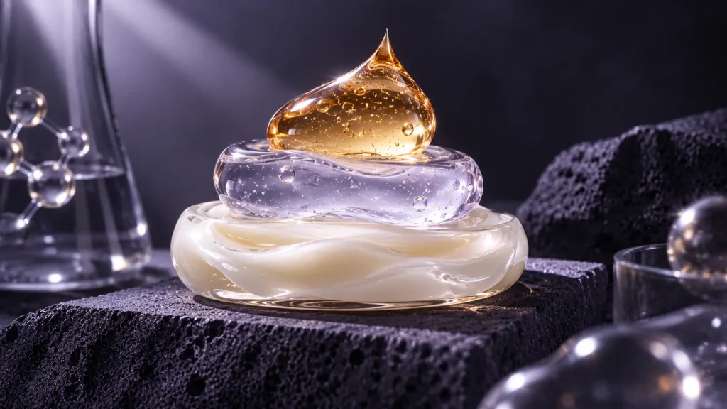 Anti-aging serum formulation architecture with hero active supporting actives and base system