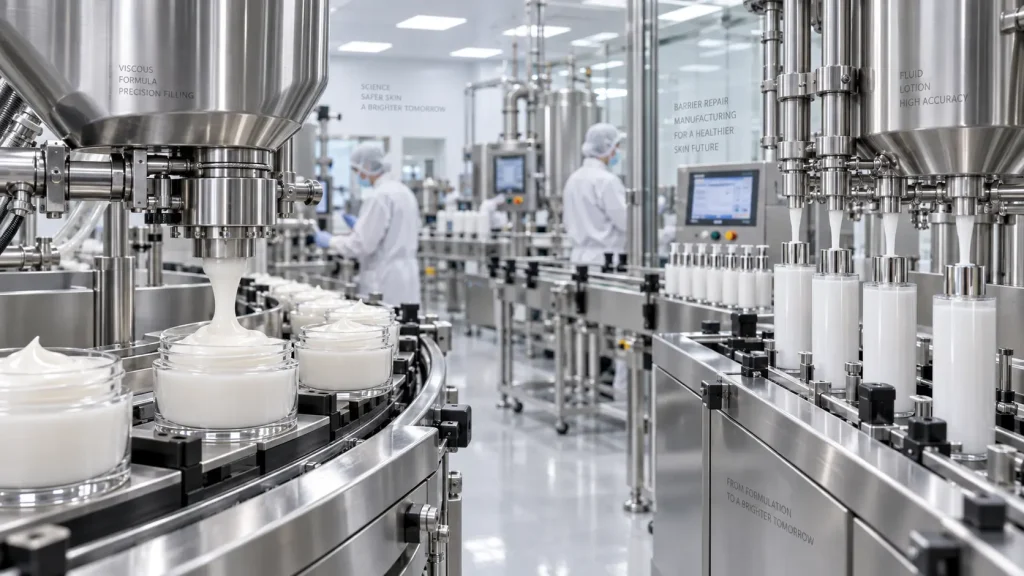 Commercial filling and manufacturing of barrier cream lotion and gel skincare textures
