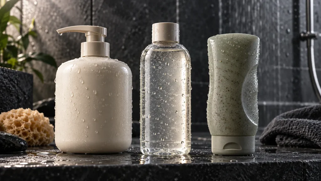 Body wash and shower gel packaging designed for reliable dispensing in wet shower environments