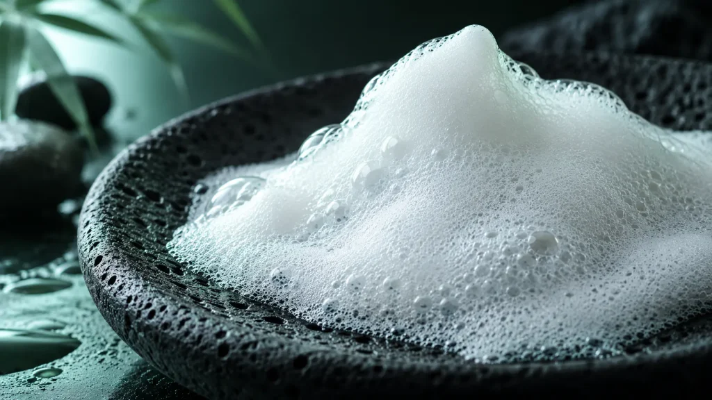 Botanical shampoo foam texture developed for daily scalp and hair cleansing