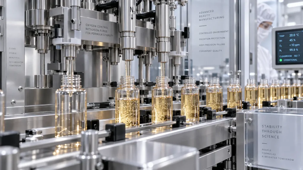 Brightening serum manufacturing and controlled filling for complex active formulations