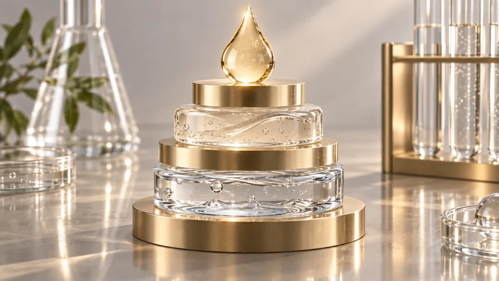 Brightening serum formulation architecture showing hero ingredient supporting actives and base system