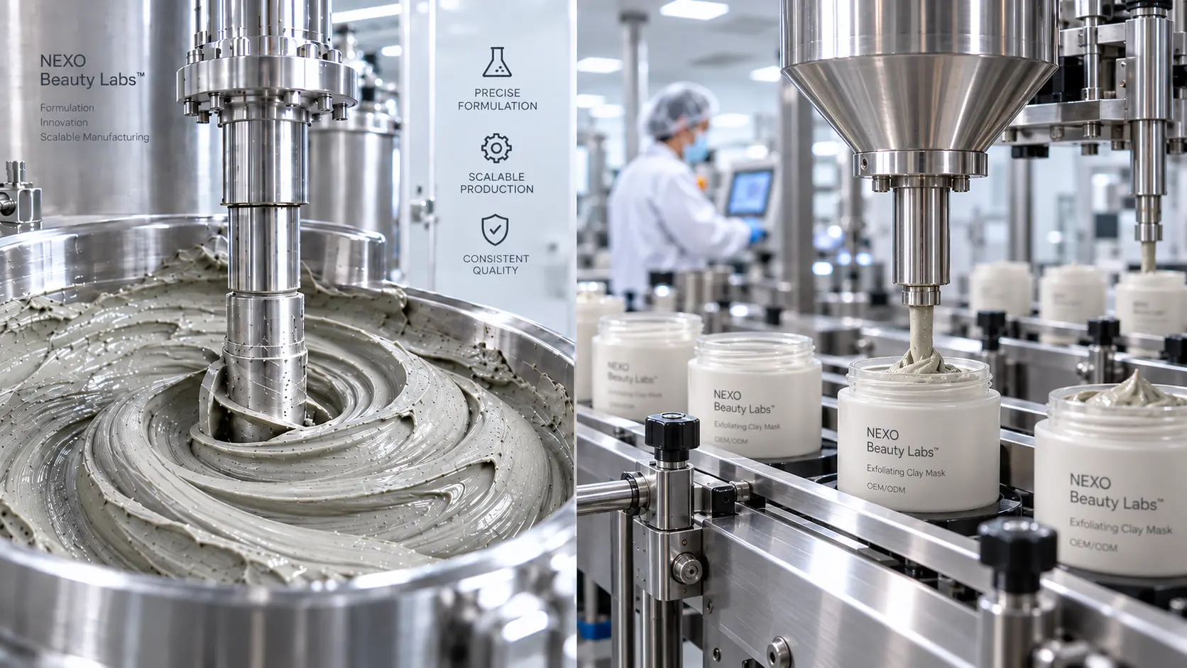 Commercial manufacturing and filling of clay mask peeling gel and exfoliating skincare formulas