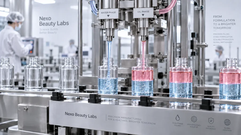 Commercial cleansing and bi-phase makeup remover manufacturing and filling process