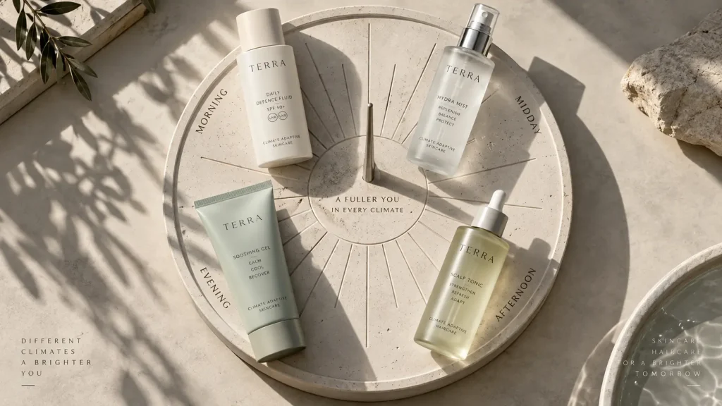 Top-down view of four skincare SKUs arranged on a circular white sundial tray representing daily climate moments