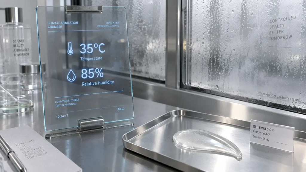 Skincare R&D setup inside a climate simulation chamber showing humidity metrics and weightless gel emulsion sample