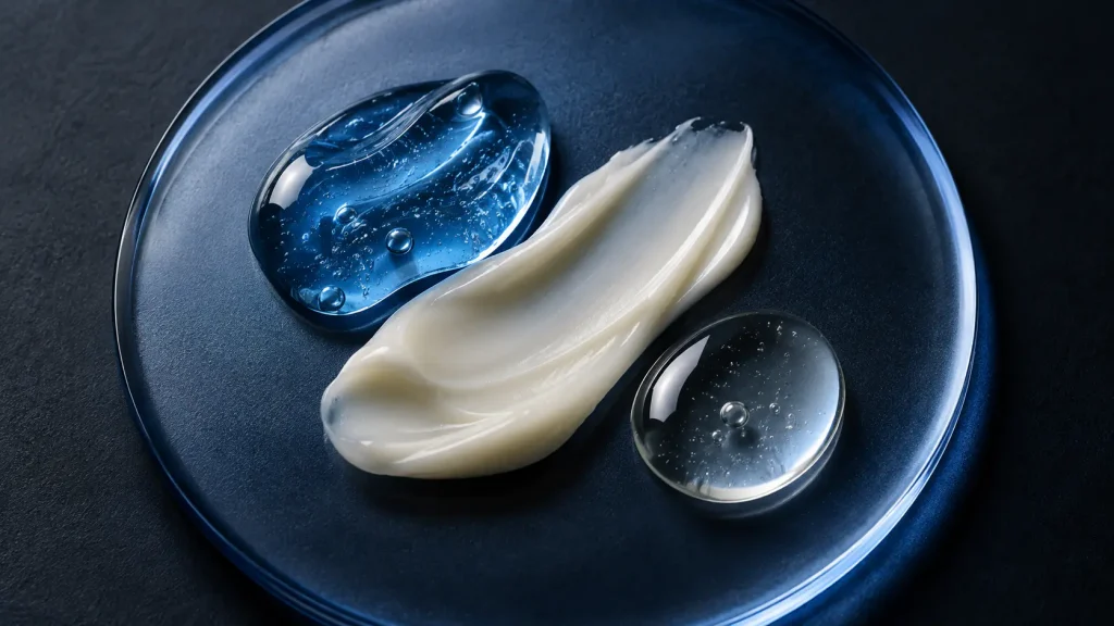 Macro photography of translucent blue copper peptide gel blended with ceramide cream and hyaluronic drop