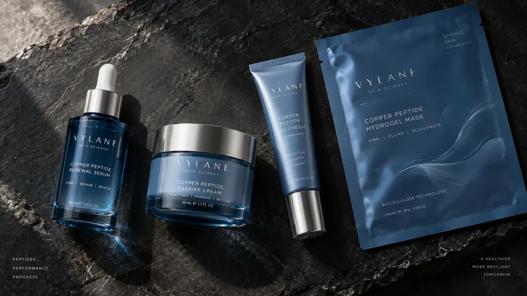 Flat-lay photograph showing a copper peptide skincare line including hero serum, barrier cream, eye cream, and mask