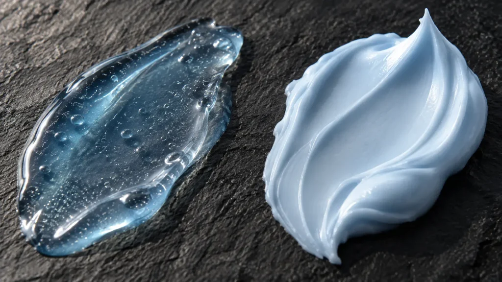 Macro comparison of a lightweight blue copper peptide serum swatch next to a rich cream swatch