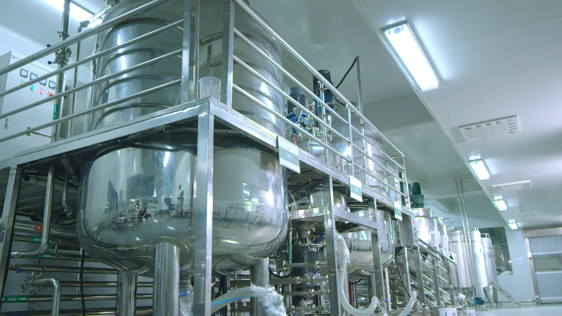 Stainless steel processing tanks and piping used for cosmetic formula preparation