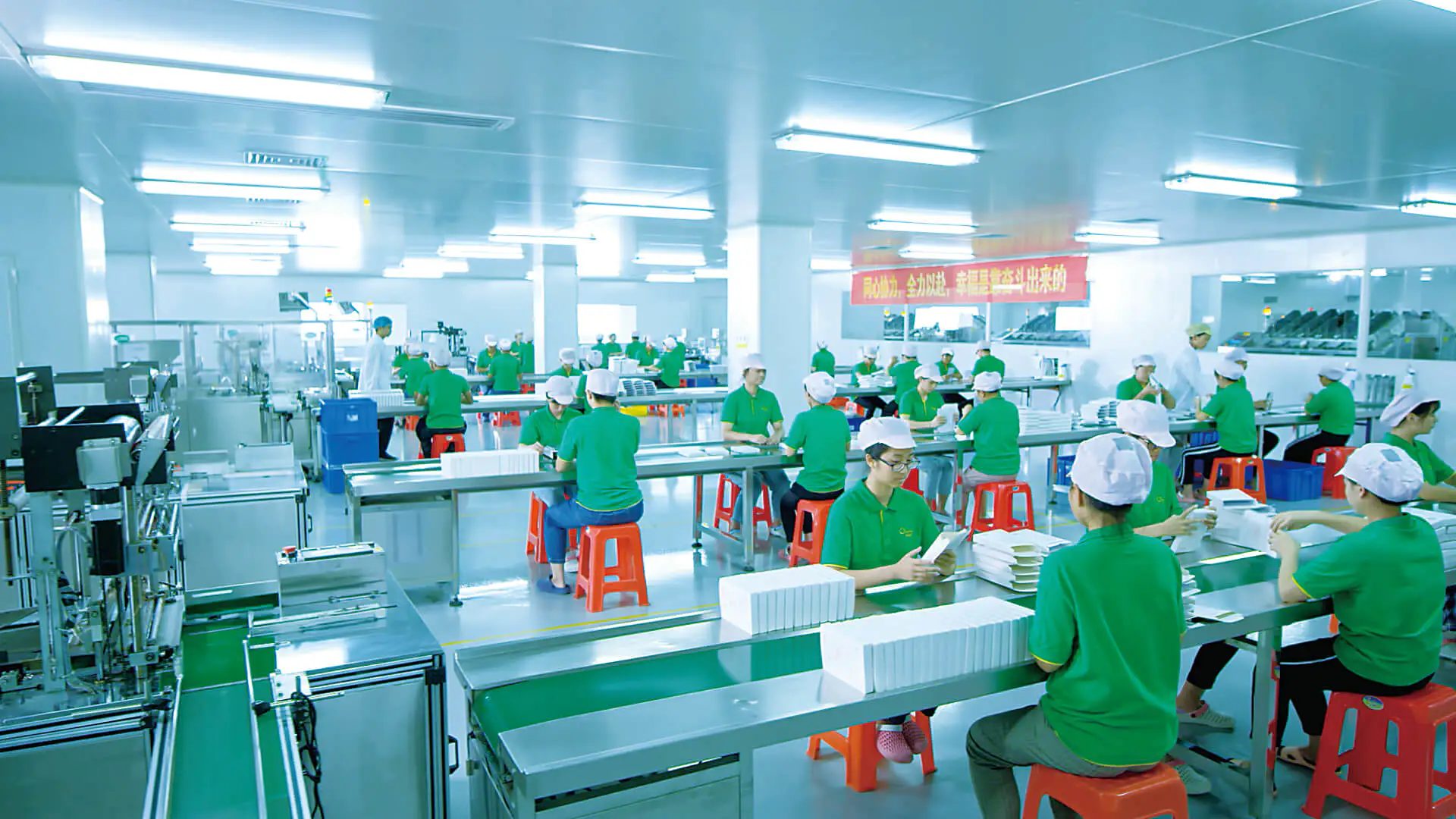 Cosmetic Product Packaging and Assembly Line Cosmetic product packaging and assembly line with production staff