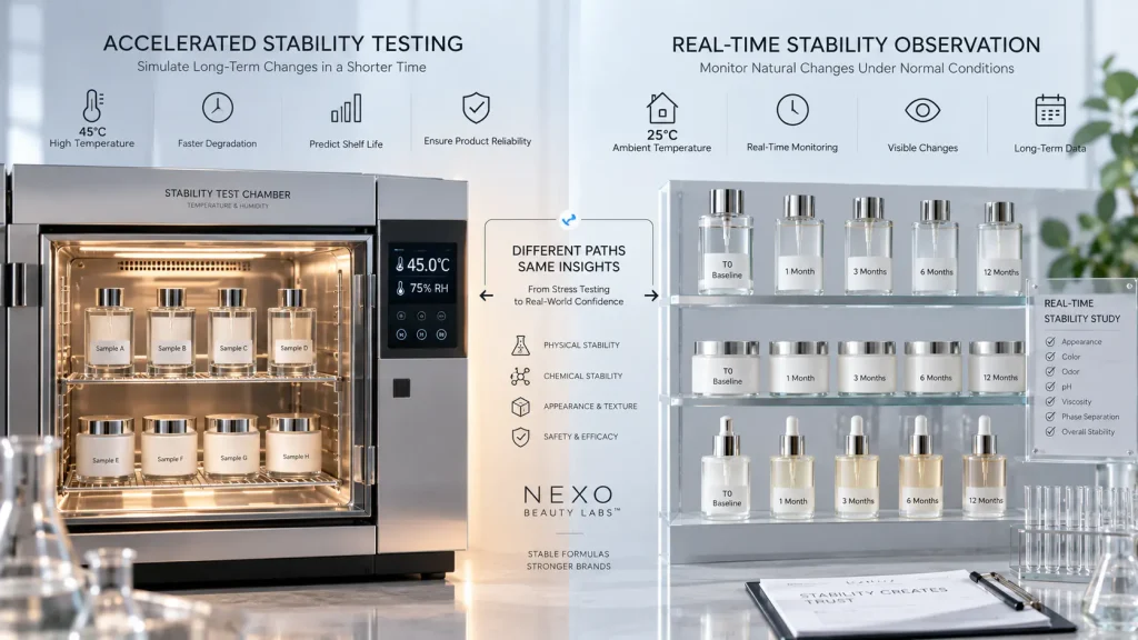 Accelerated cosmetic stability testing compared with real-time stability observation